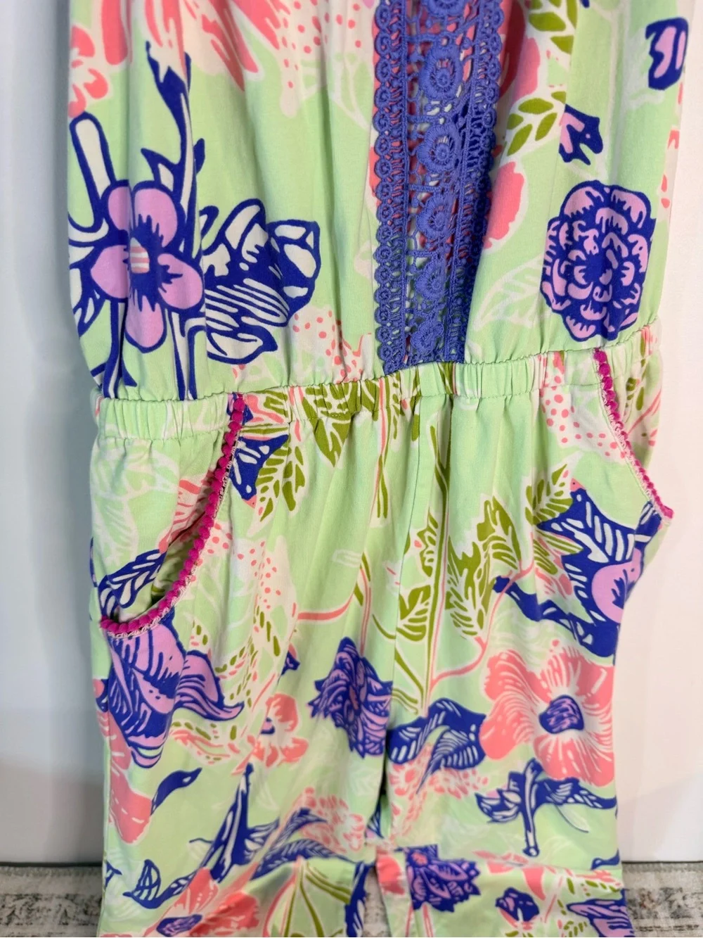 Matilda Jane Mint Floral Romper with Pink Straps and Purple Trim